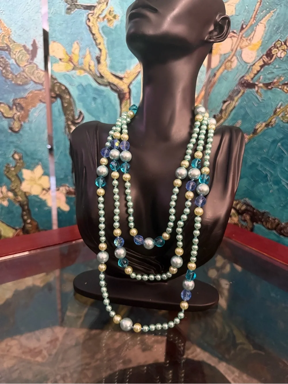 Layered Seafoam and Aqua Pearl Necklace Set with Matching Hoop Earring
